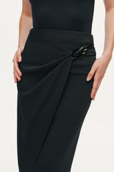 Ring-Buckle Asymmetric Wrap Maxi Skirt